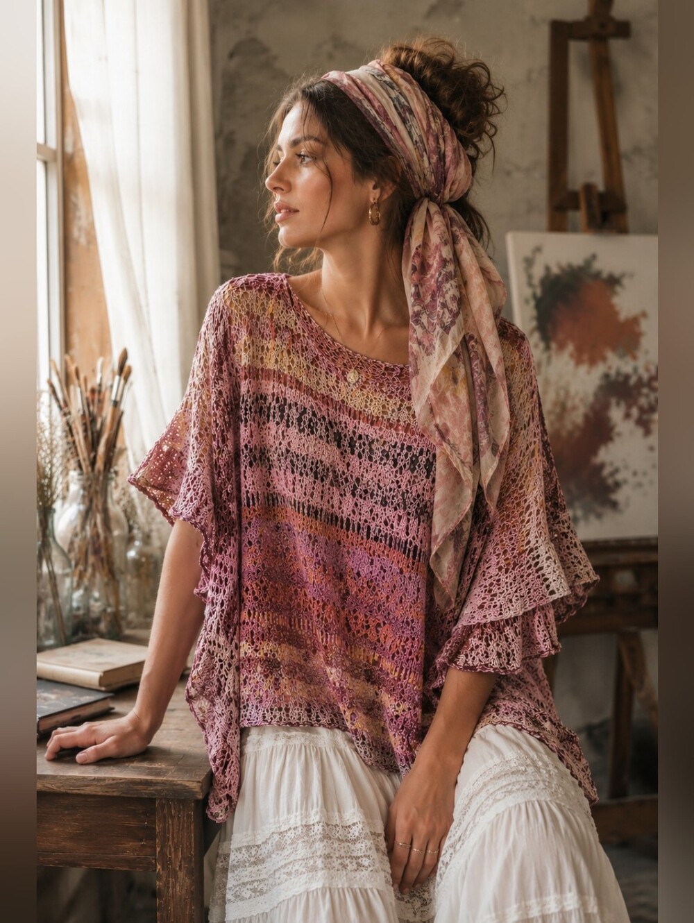 Cecilia Prado Crocheted Sleeve Boxy Fit Poncho Sweater Bohemian Indie Women's M